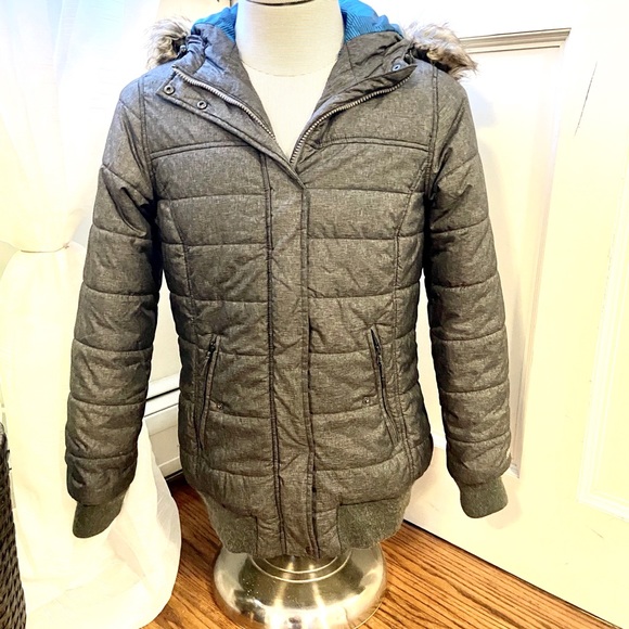 grey winter coat with fur hood